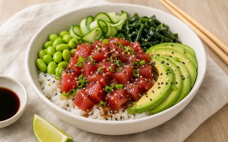 Bowl poké au thon cru mariné soja-sésame, dés d'avocat vert, riz et graines de sésame parsemées