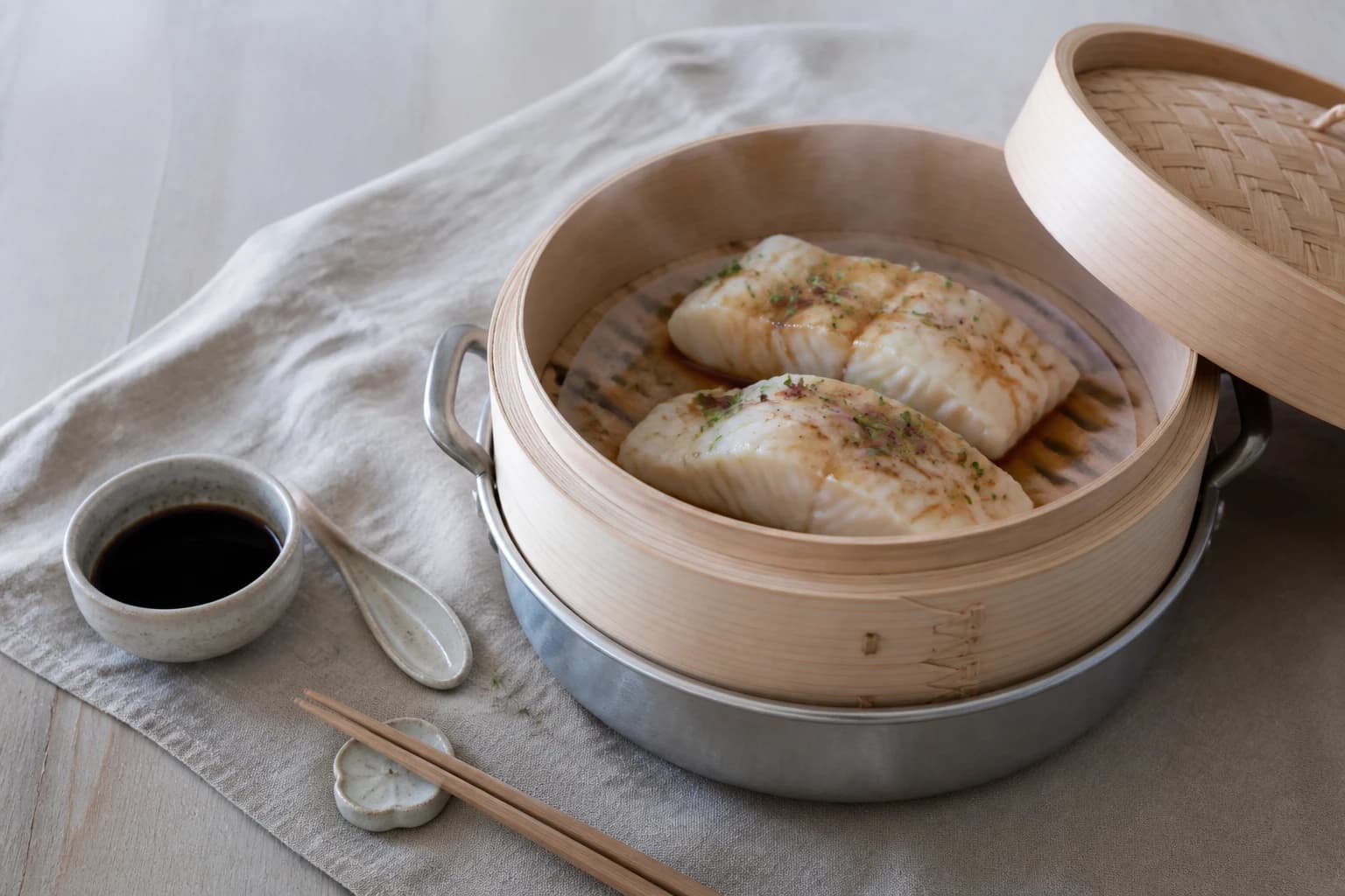 Etape 2 : Préparer et cuire le cabillaud vapeur — Box bento poisson riz complet : 4 compartiments pour un repas rassasiant