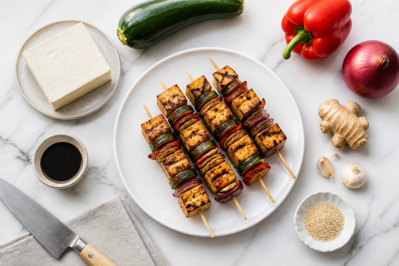 Brochettes de tofu mariné et légumes grillés disposées sur une assiette, graines de sésame et coriandre