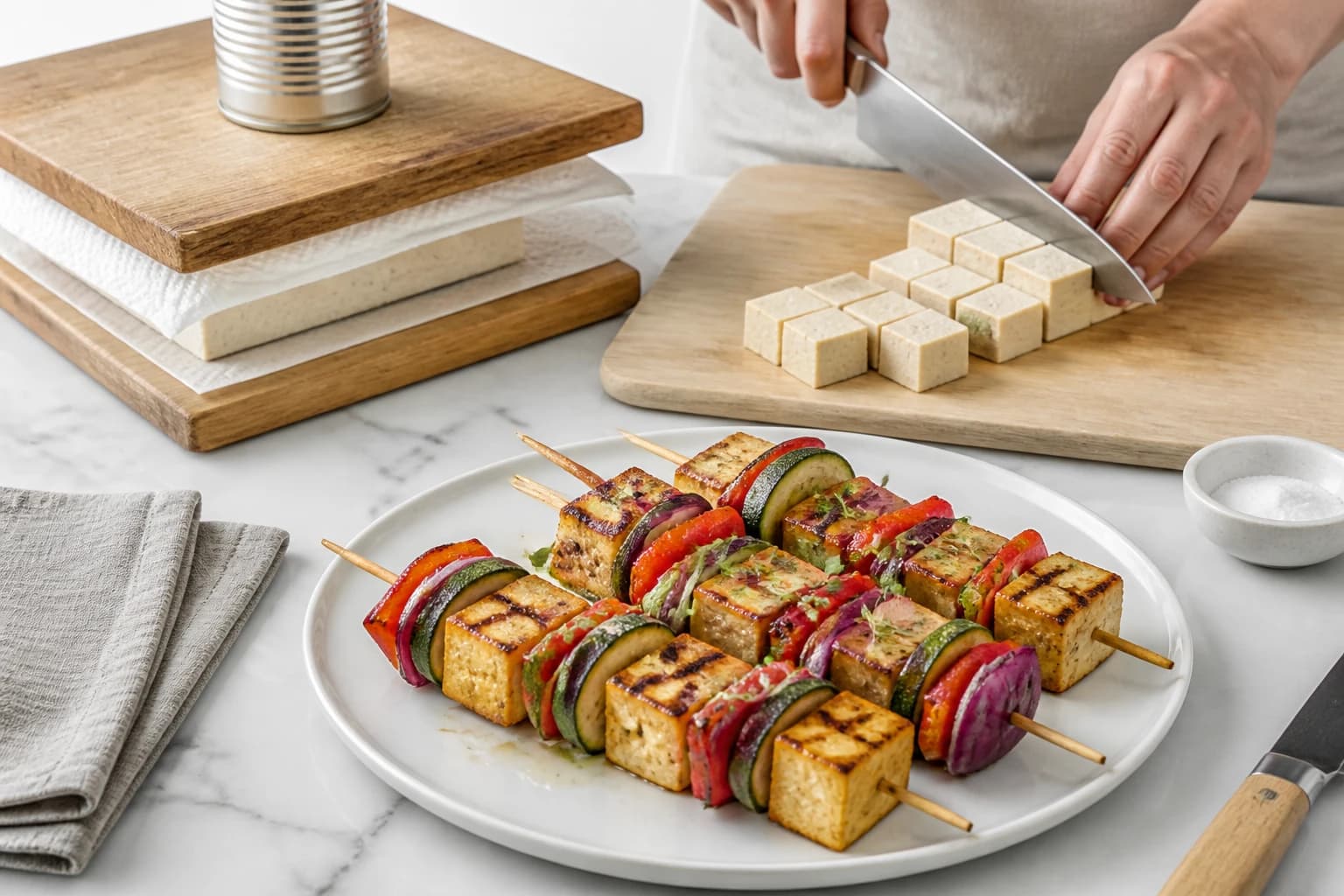 Etape 1 : Presser et tailler le tofu — Brochettes de tofu mariné dorées au grill