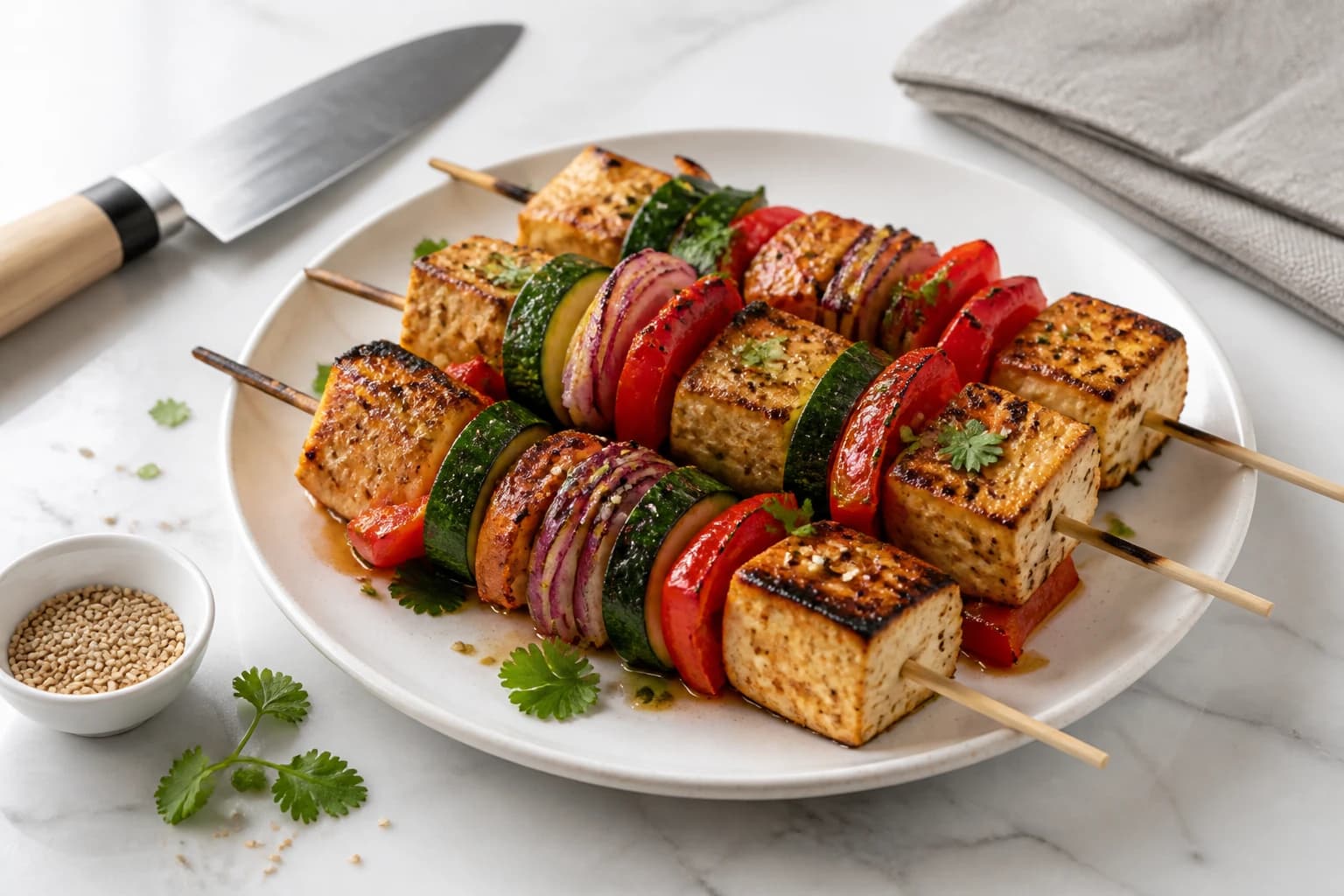 Etape 4 : Griller les brochettes — Brochettes de tofu mariné dorées au grill