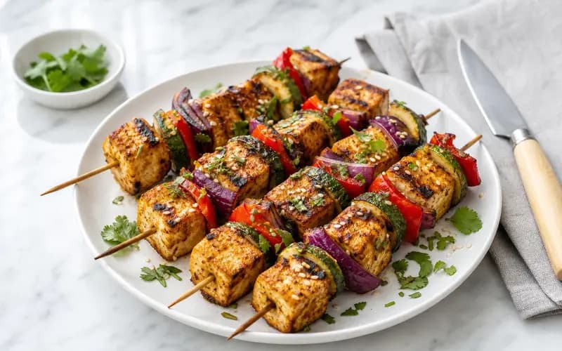 Brochettes de tofu mariné dorées au grill