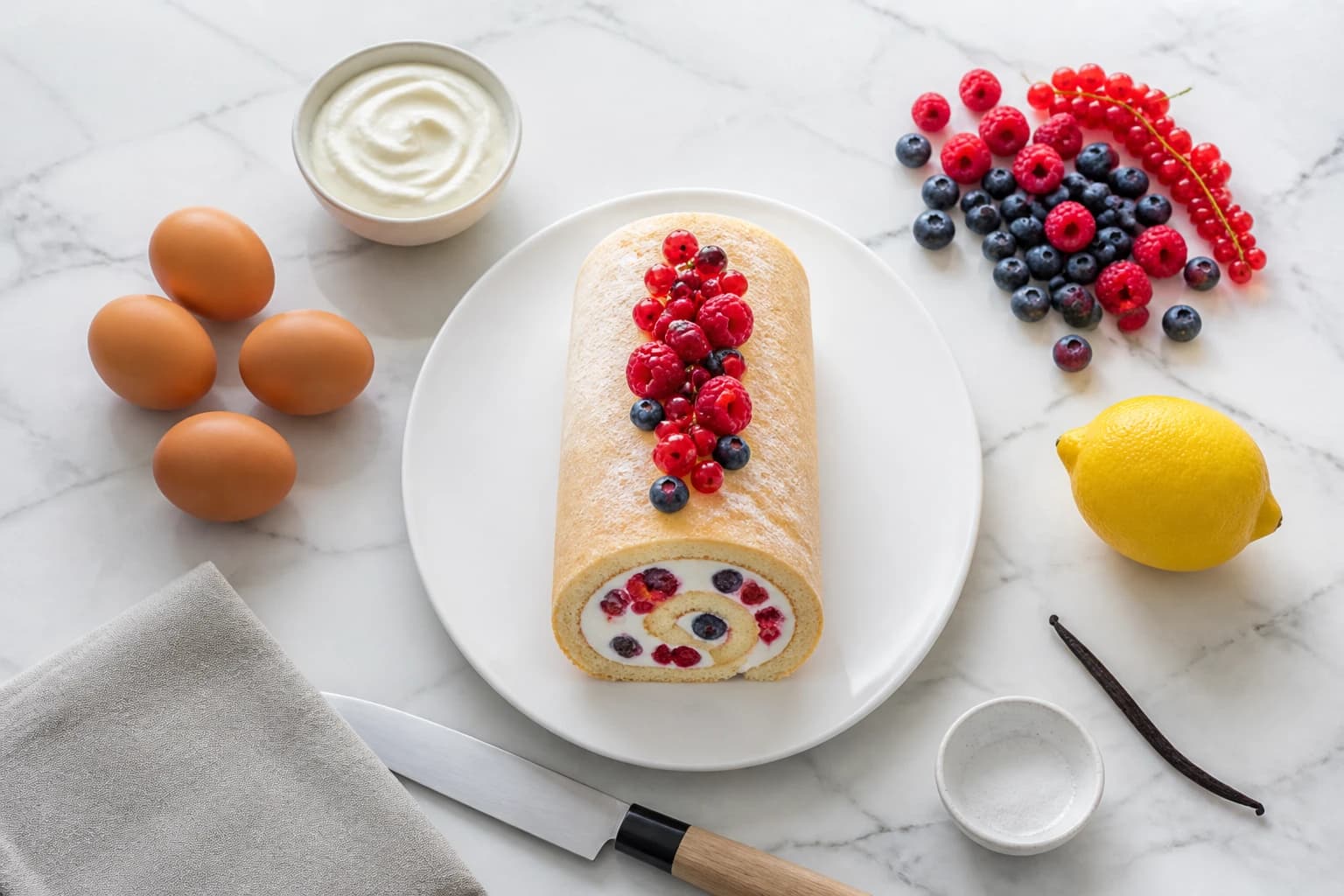 Bûche au fromage blanc et fruits rouges sans sucre entourée de framboises et myrtilles fraîches