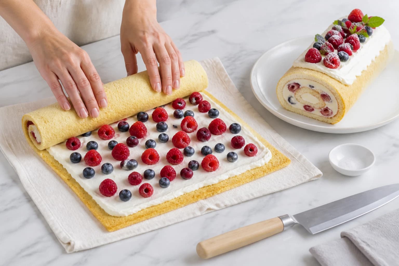 Etape 4 : Garnir et former la bûche — Bûche fromage blanc fruits rouges sans sucre