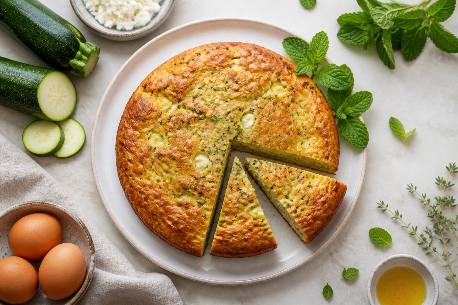 Cake salé courgettes féta menthe vu de dessus avec ingrédients méditerranéens éparpillés