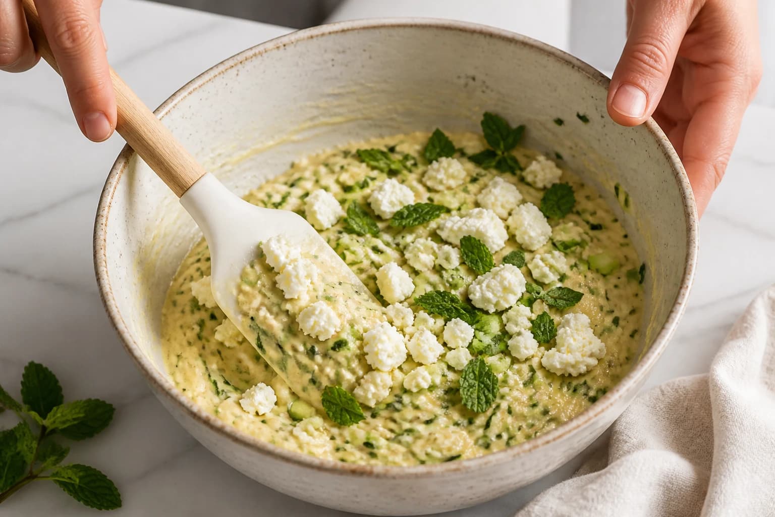 Etape 3 : Incorporer garniture et herbes fraîches — Cake salé courgettes, féta & menthe