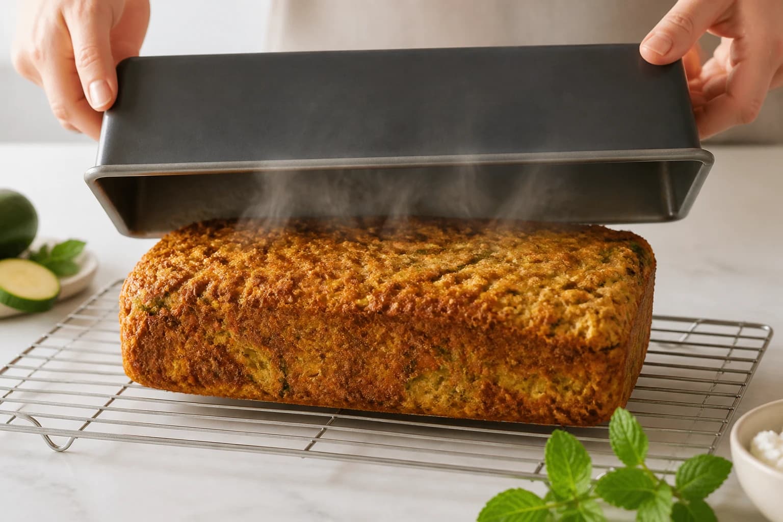 Etape 4 : Cuire et démouler le cake — Cake salé courgettes, féta & menthe