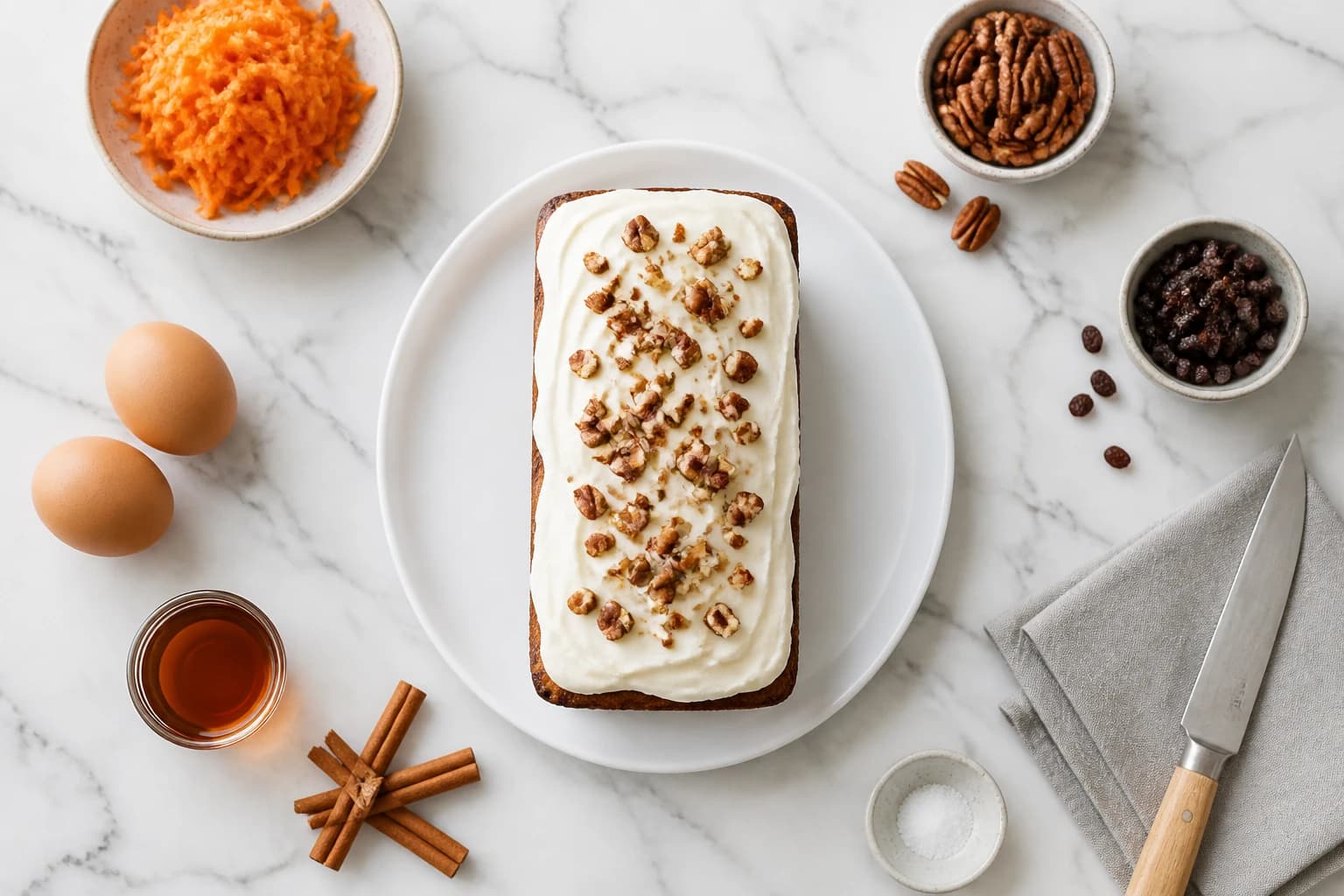 Carrot cake léger sans sucre raffiné entouré de carottes râpées, noix de pécan et cannelle