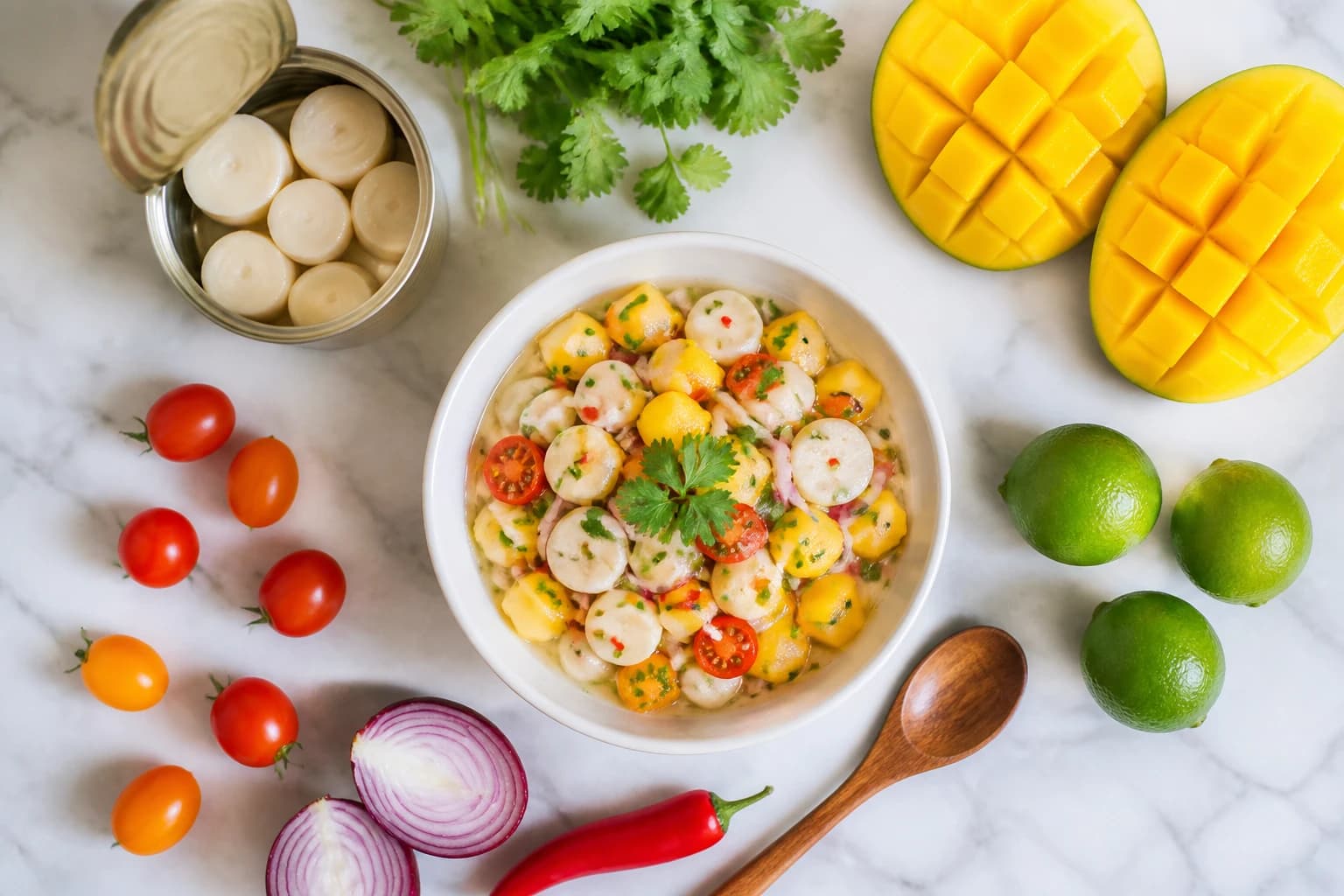 Ceviche vegan cœur de palmier mangue avec leche de tigre et coriandre fraîche