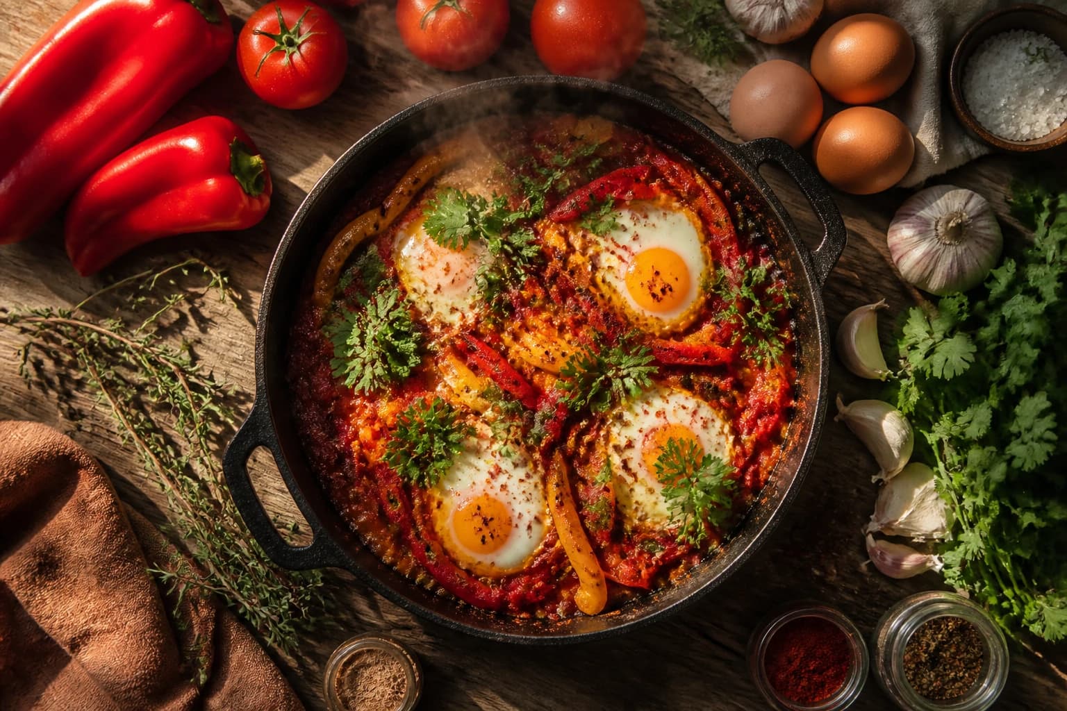 Chakchouka aux poivrons grillés vue de dessus avec œufs pochés et coriandre fraîche, style méditerranéen