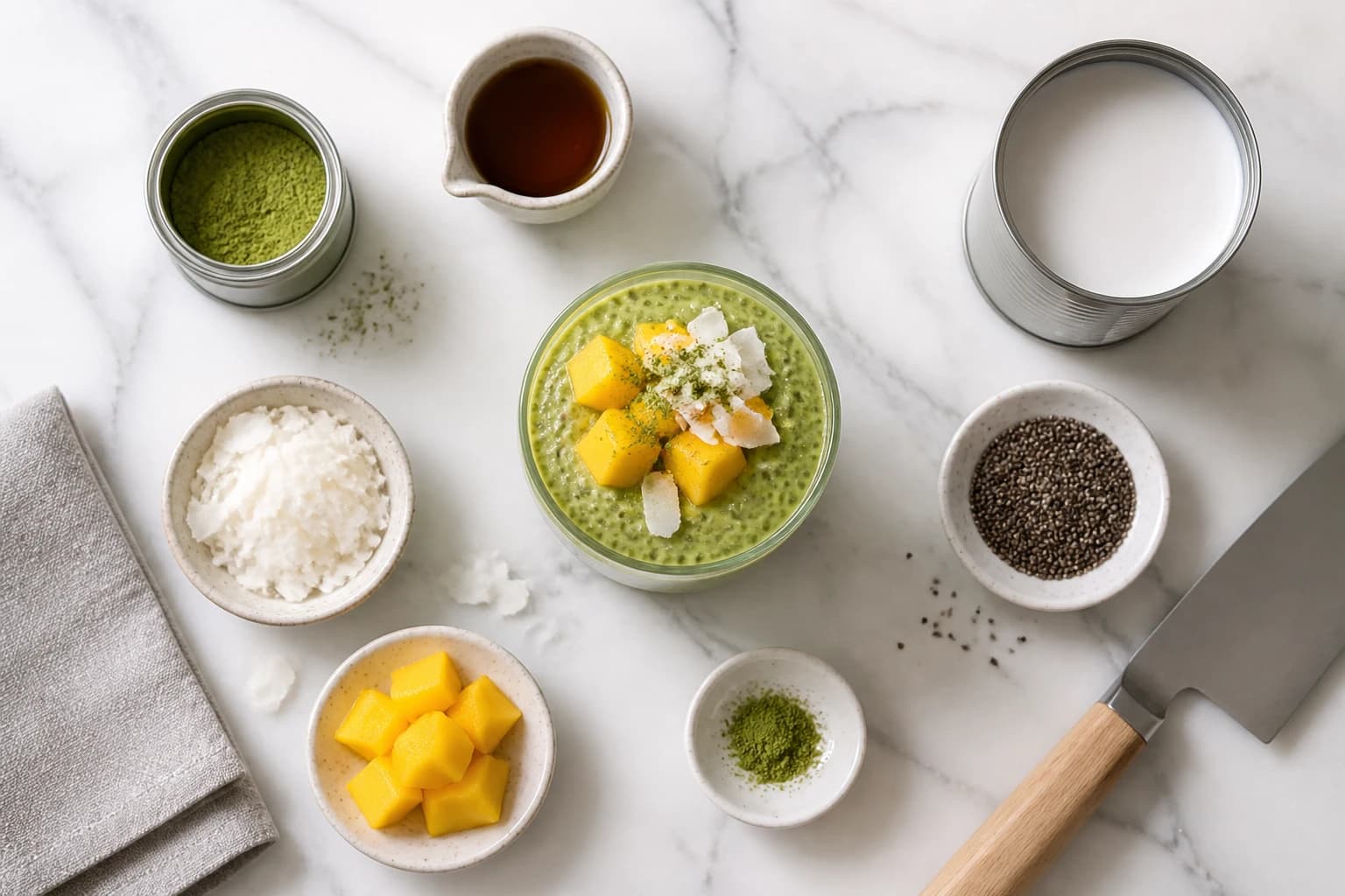 Chia pudding matcha vert émeraude avec dés de mangue et noix de coco râpée en verrine