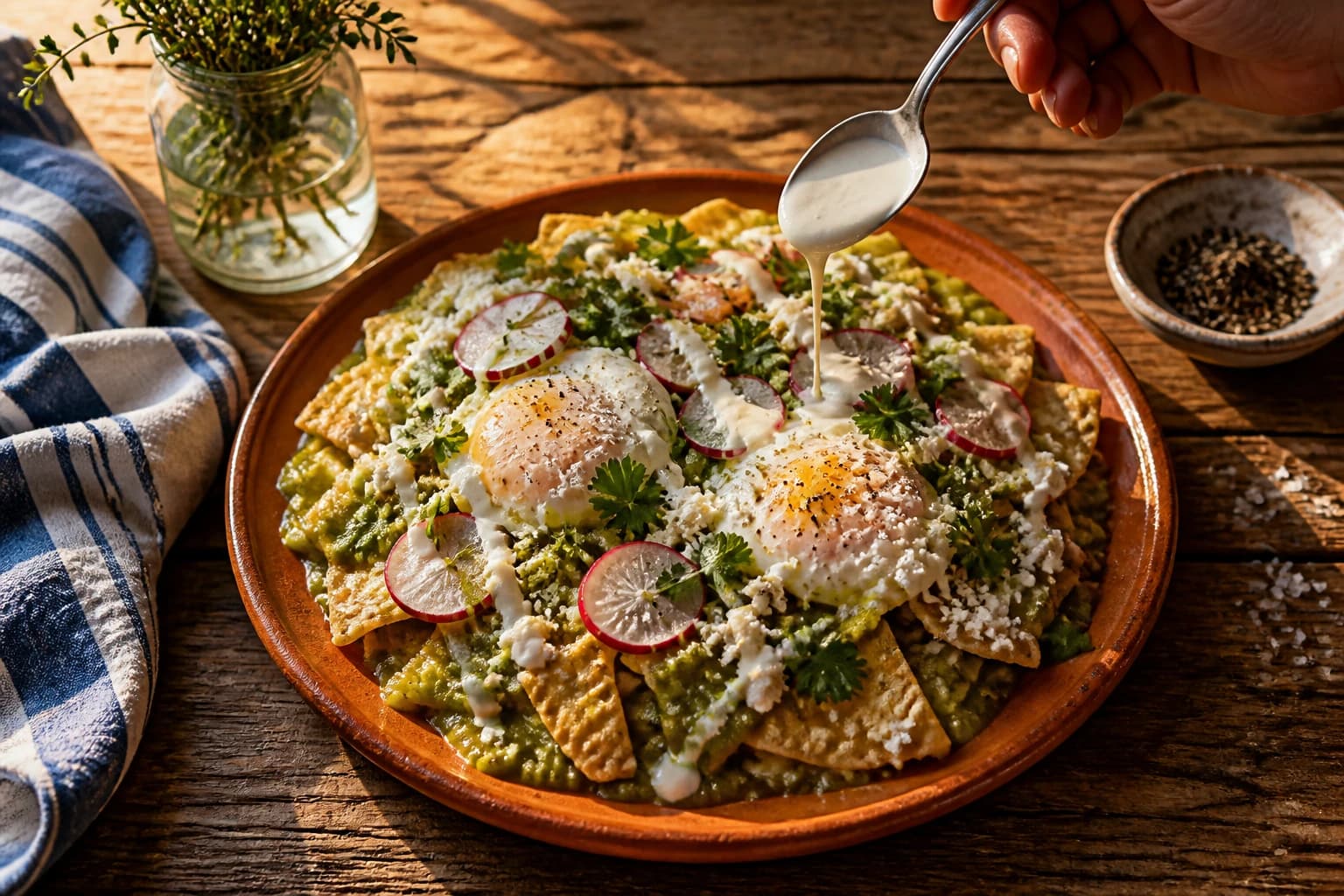 Etape 5 : Finitions et service — Chilaquiles verts mexicains allégés au four