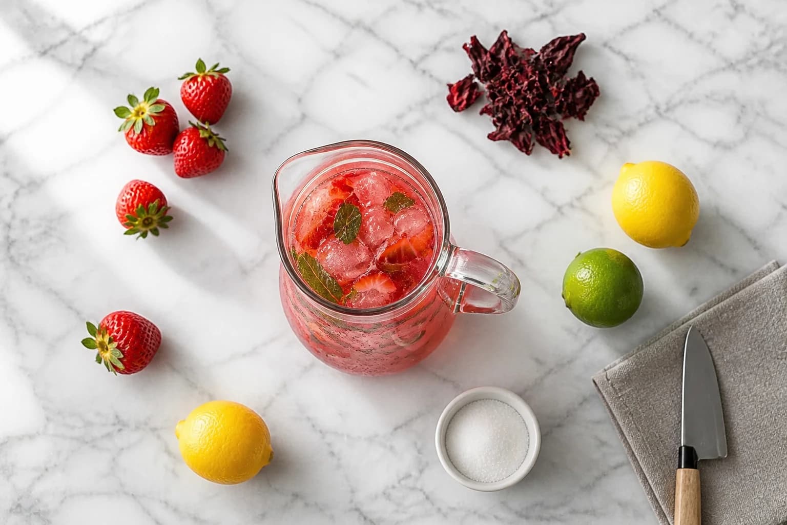 Citronnade rose fraise hibiscus servie dans un verre avec glaçons et menthe fraîche, gros plan