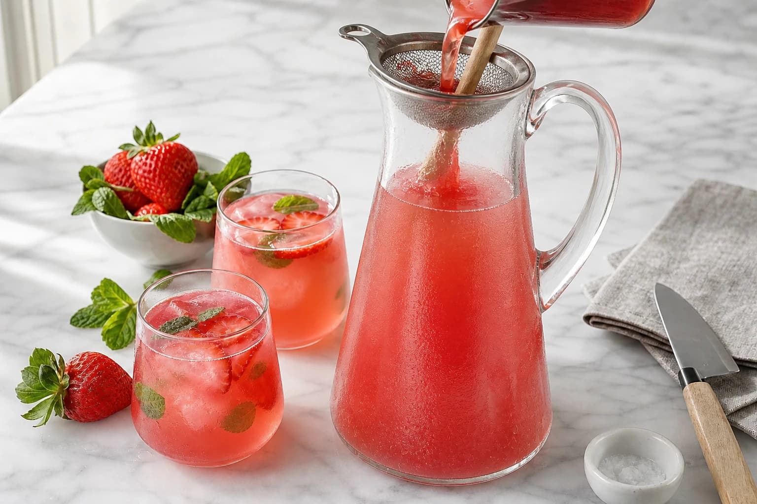 Etape 4 : Assembler et filtrer — Citronnade rose fraise-hibiscus hydratante