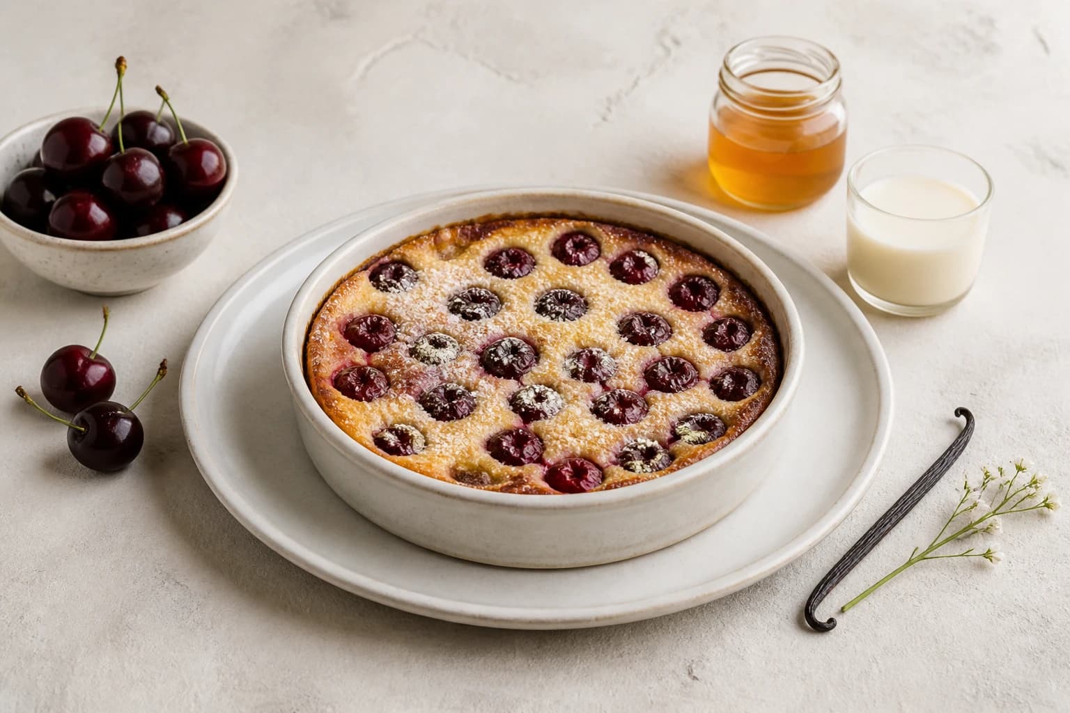 Clafoutis cerises sans sucre raffiné vue du dessus avec ingrédients, miel et cerises fraîches