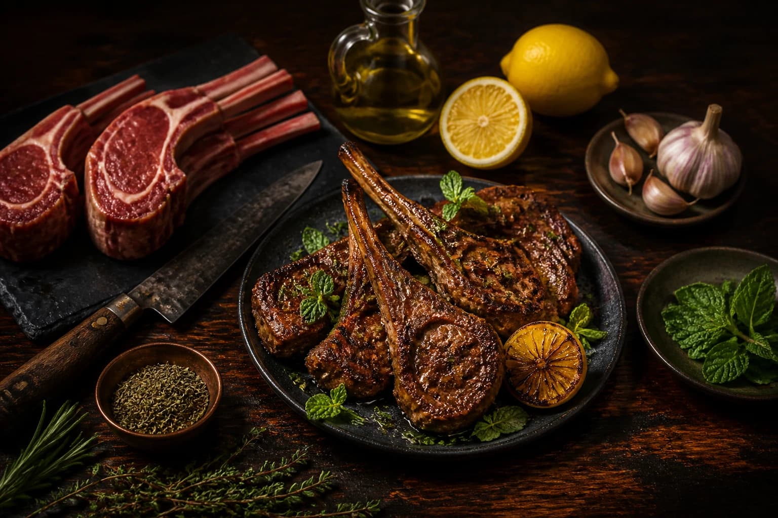 Côtelettes d'agneau grillées rosées à cœur avec citron, origan et menthe fraîche