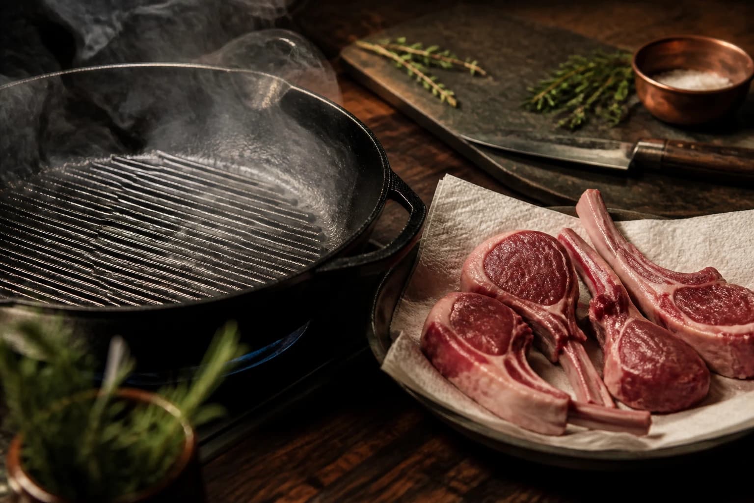 Etape 2 : Chauffer la poêle striée — Côtelettes d'agneau grillées aux herbes grecques