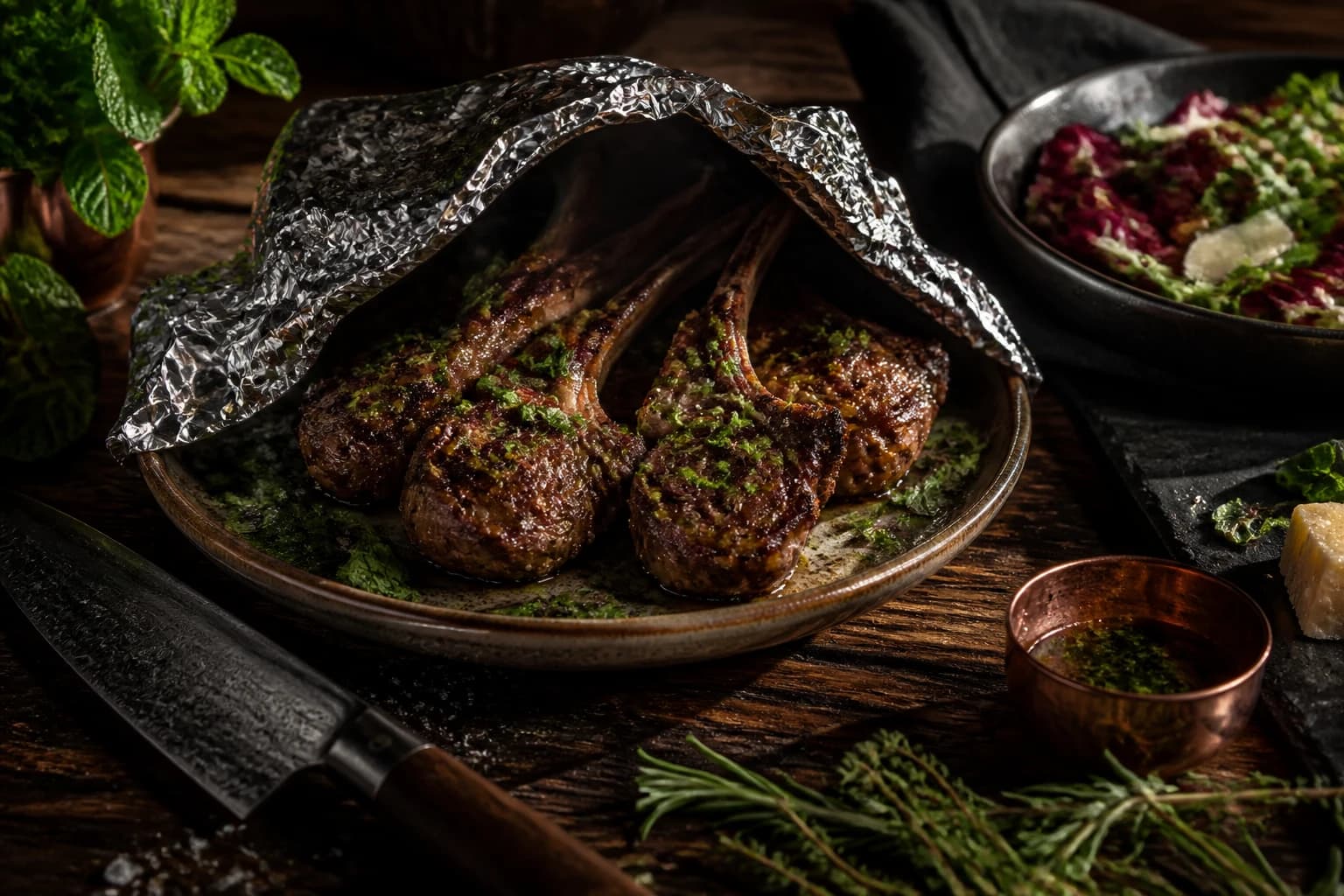 Etape 4 : Reposer et dresser — Côtelettes d'agneau grillées aux herbes grecques