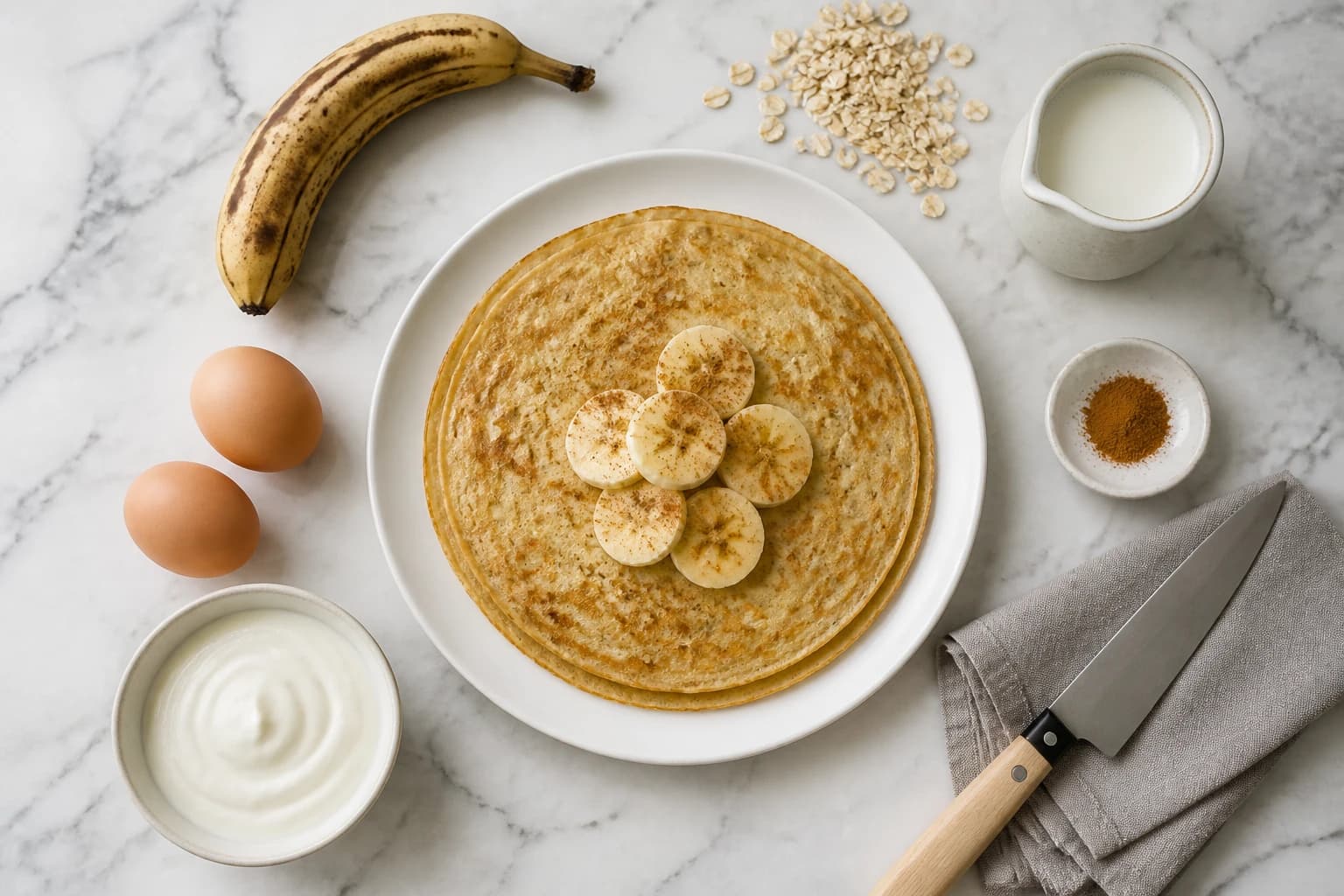 Crêpes protéinées à la banane sans sucre, dorées et moelleuses, entourées de flocons d'avoine et de banane fraîche
