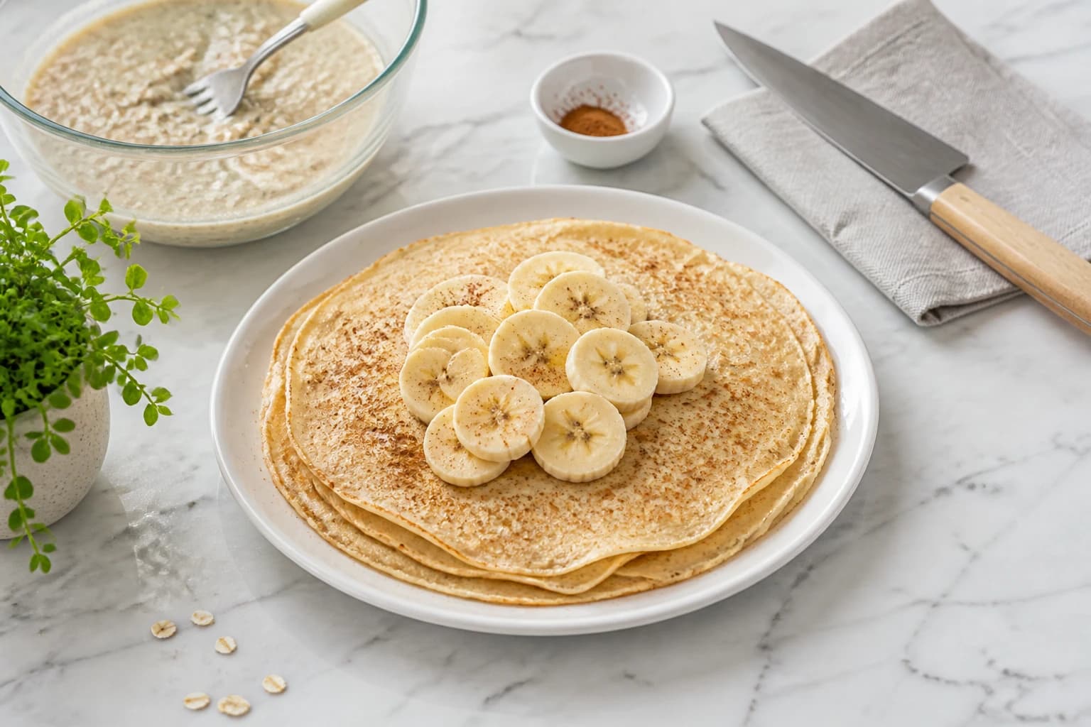 Etape 2 : Incorporer l'avoine et laisser reposer — Crêpes protéinées banane sans sucre, moelleuses