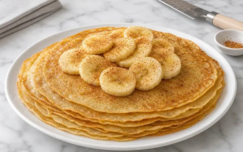 Pile de crêpes protéinées à la banane sans sucre, moelleuses et dorées, servies avec des rondelles de banane fraîche