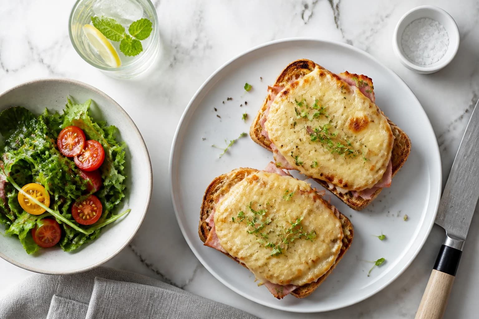 Croque léger pain complet jambon fromage allégé, vue de dessus avec fromage gratiné doré