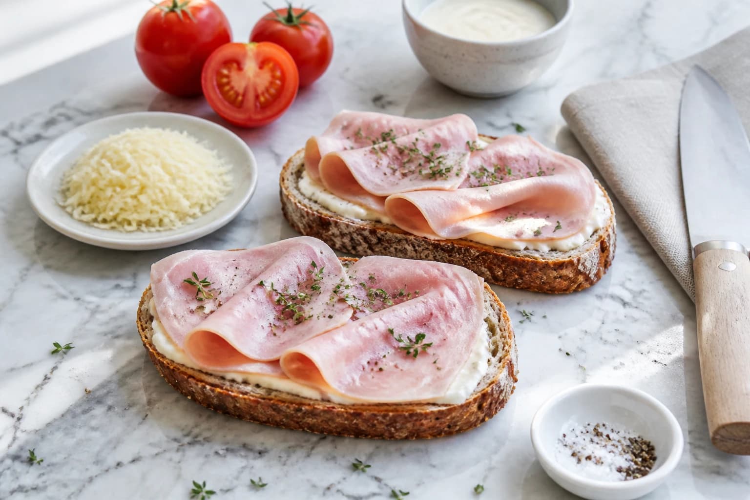 Etape 2 : Tartiner et garnir les tranches — Croque léger pain complet jambon fromage