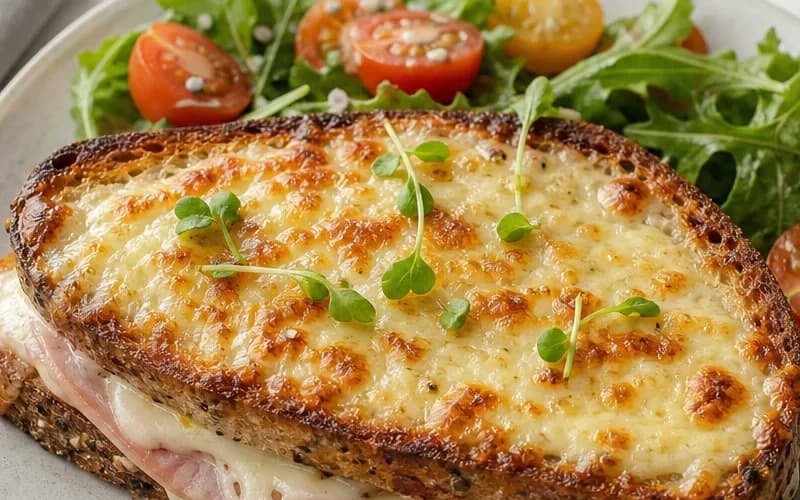 Croque léger au pain complet doré garni de jambon blanc et de fromage allégé fondant, servi chaud et croustillant