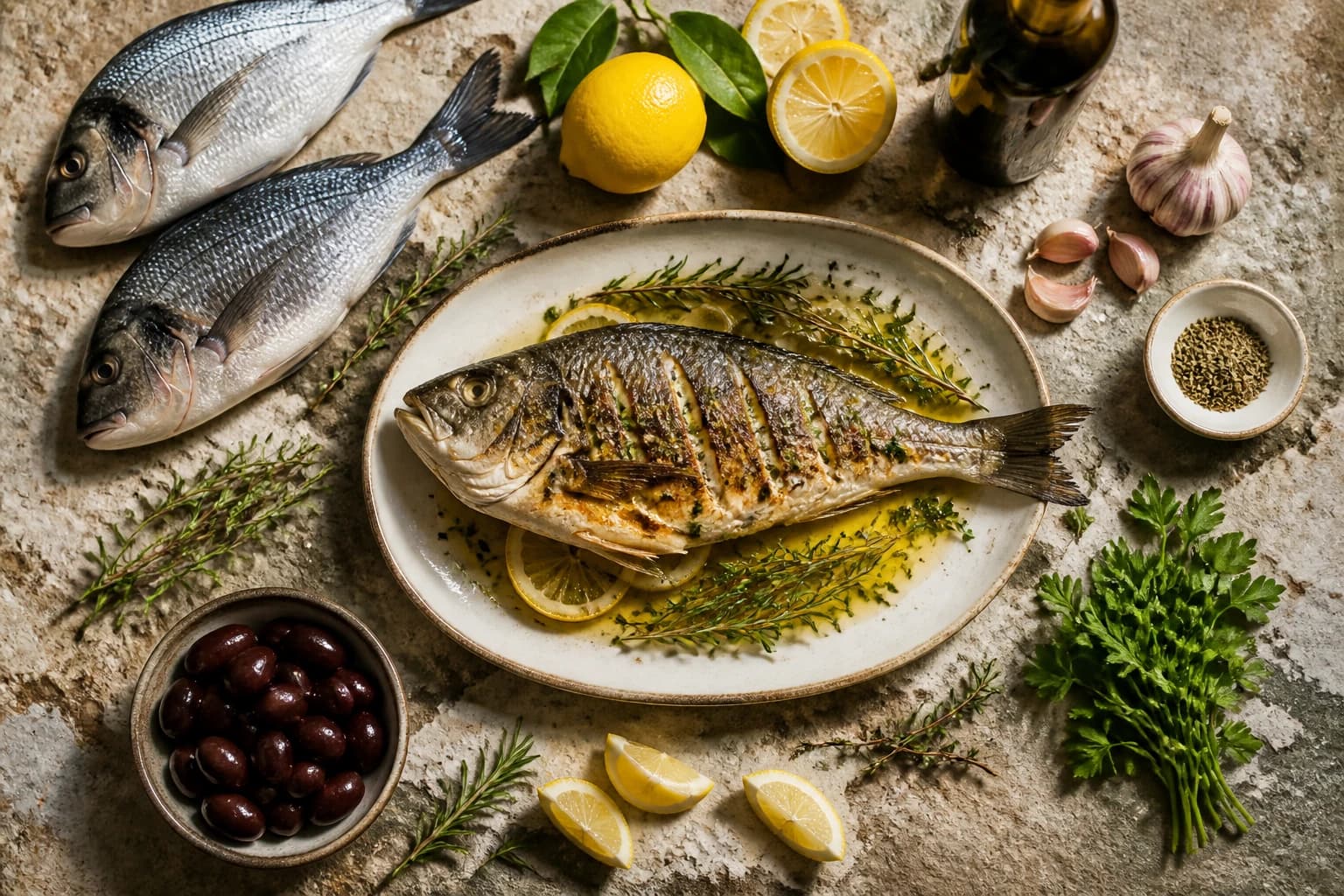 Daurade grillée entière dorée à la grecque, farcie de citron et d'herbes, avec origan et huile d'olive