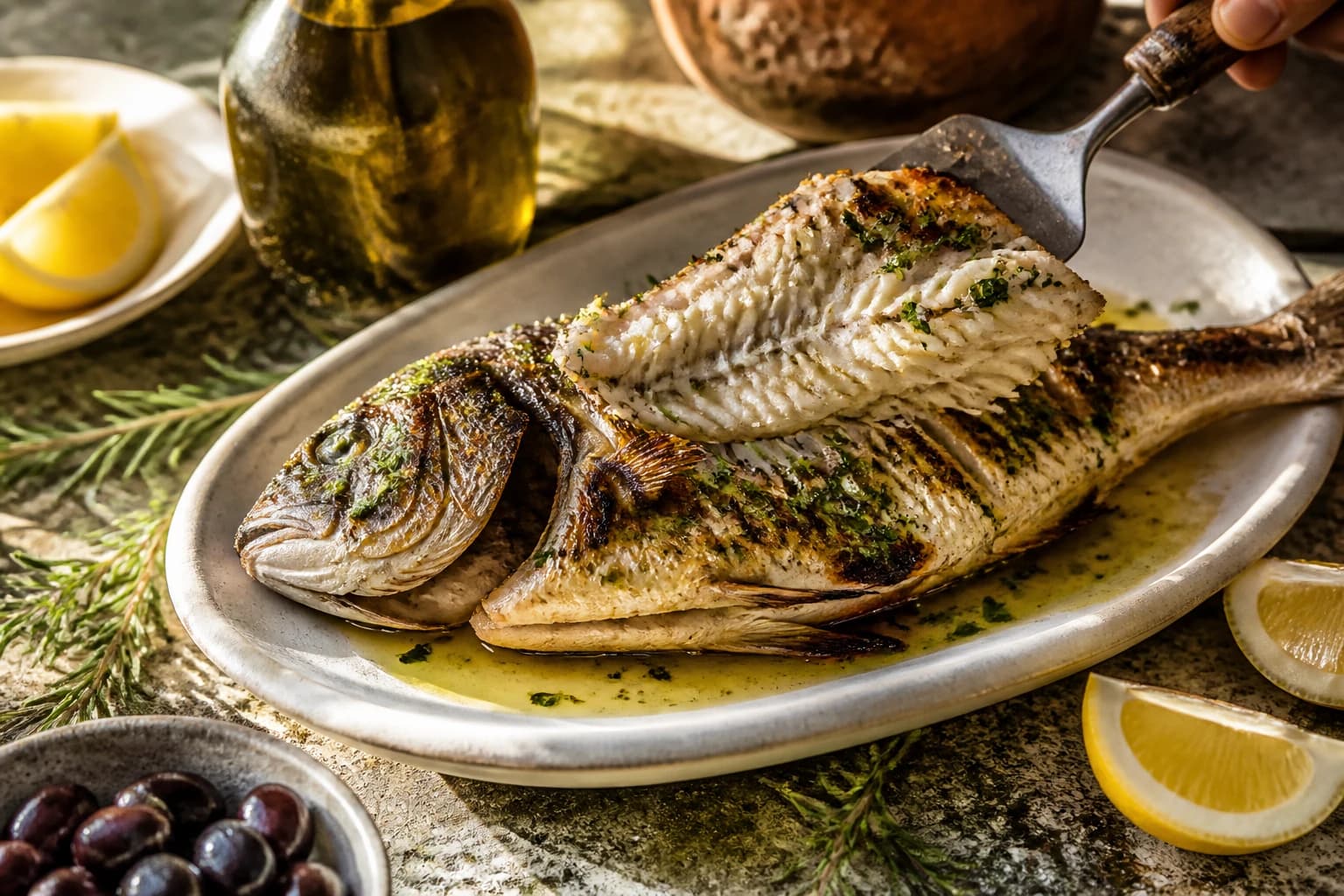 Etape 4 : Dresser et servir — Daurade grillée à la grecque : citron et origan