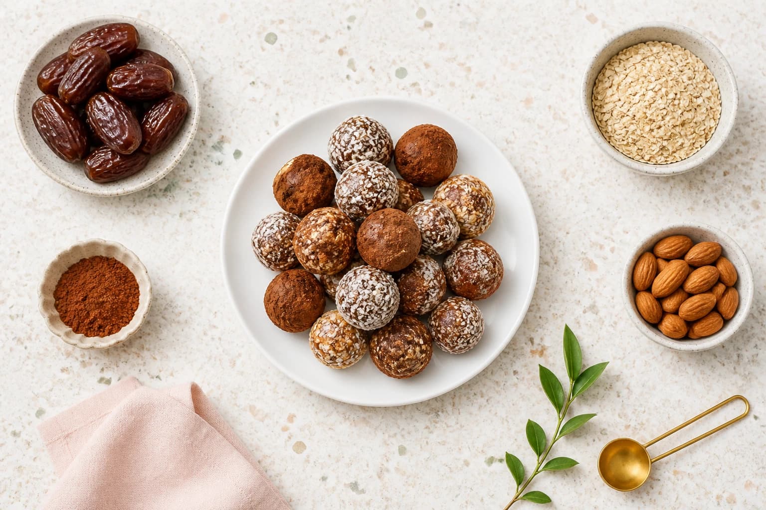 Energy balls dattes avoine sans sucre ajouté entourées de dattes, flocons d'avoine et amandes