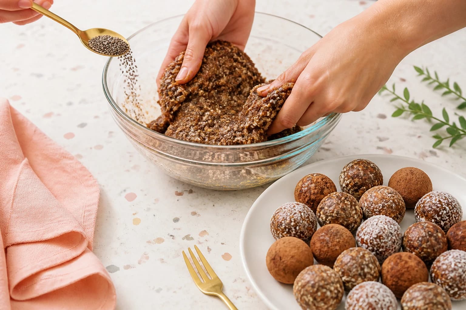 Etape 3 : Assembler et incorporer les graines — Energy balls dattes avoine sans sucre ajouté