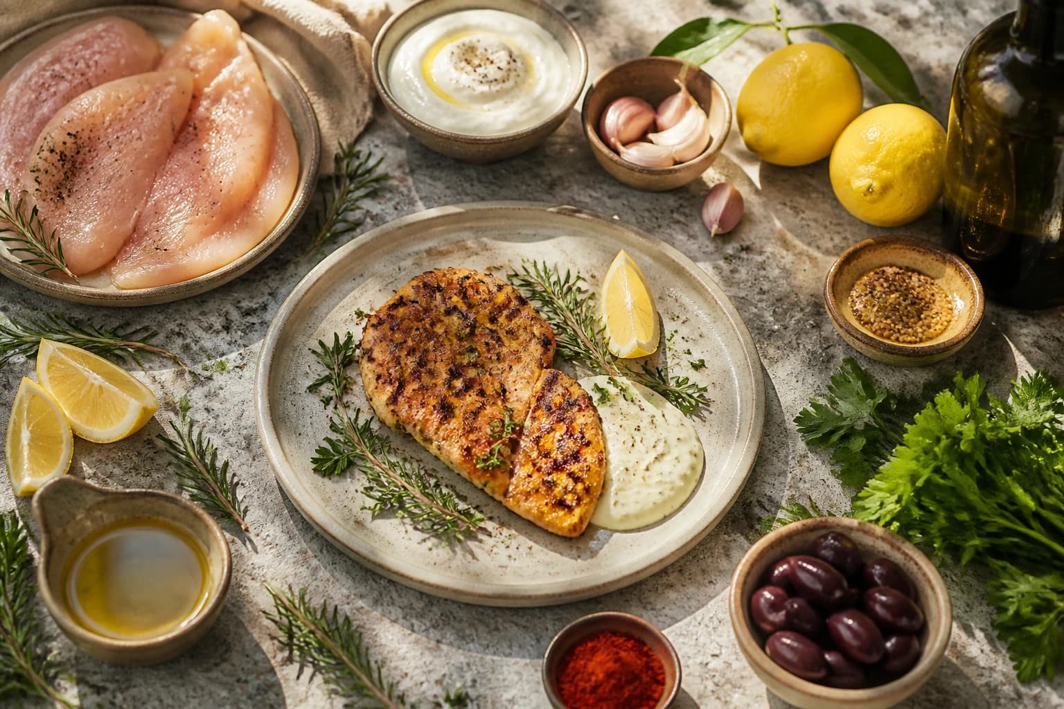 Escalope de poulet grillée nappée d'aïoli crémeux au yaourt grec, ail et persil frais