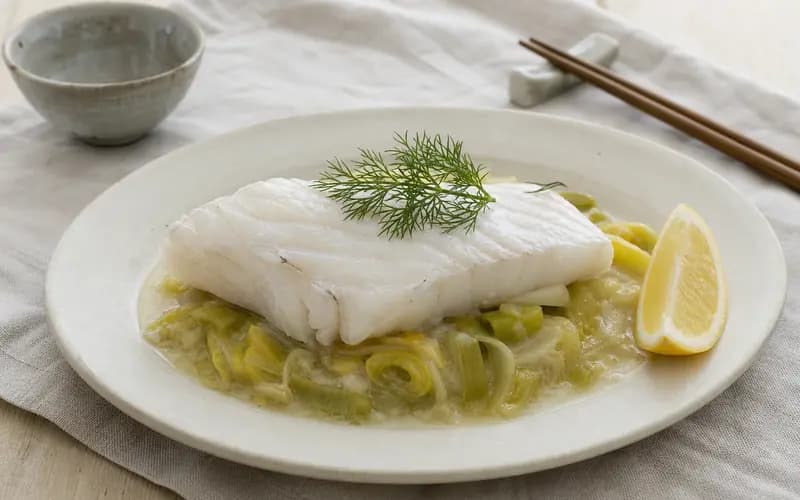 Filet de merlu vapeur, poireaux fondants