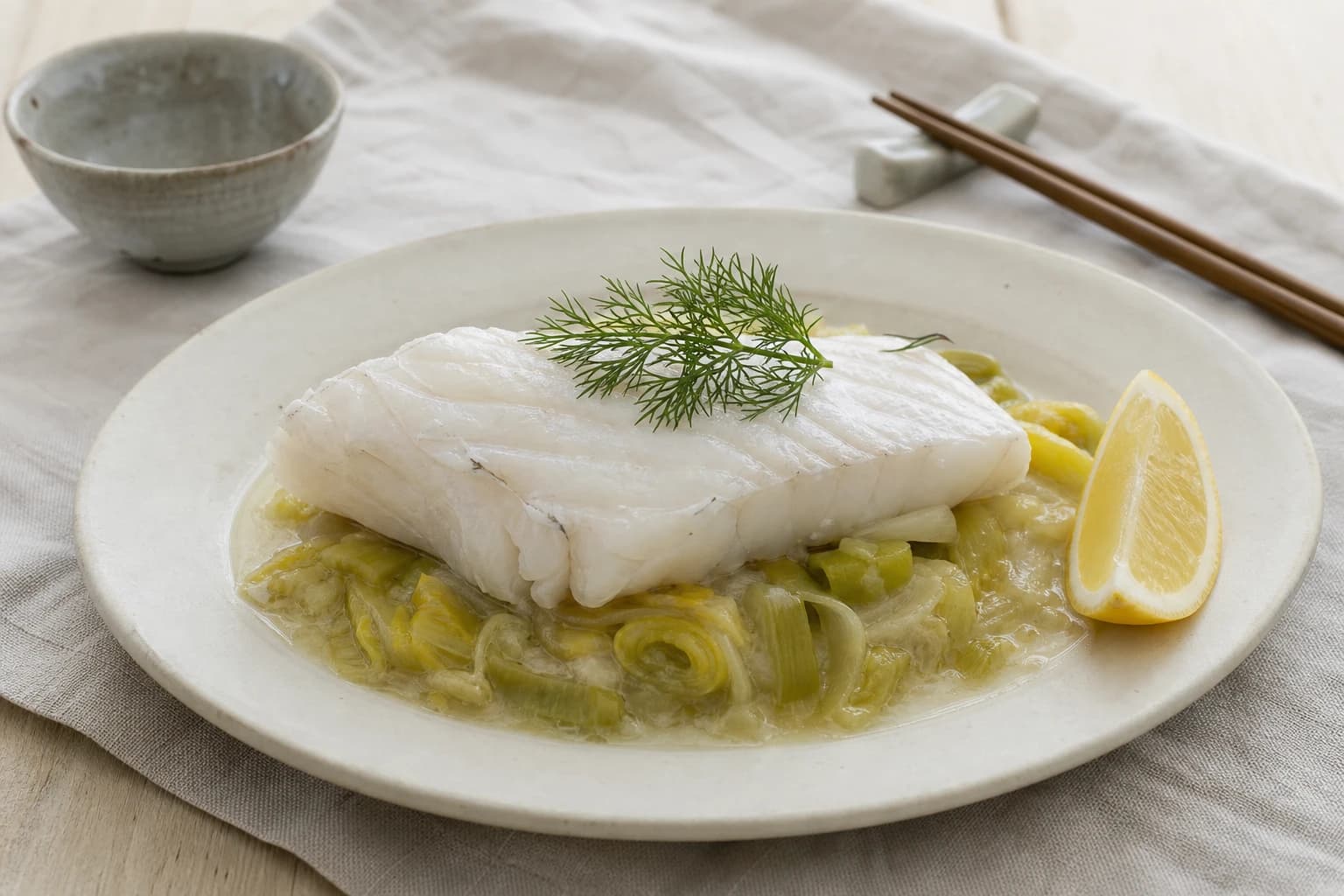 Filet de merlu vapeur, poireaux fondants