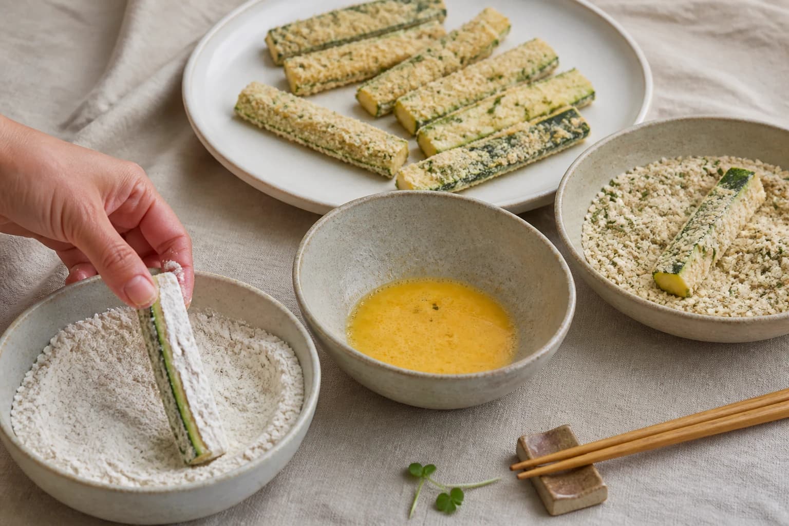 Etape 3 : Paner les bâtonnets — Frites de courgettes au four panées
