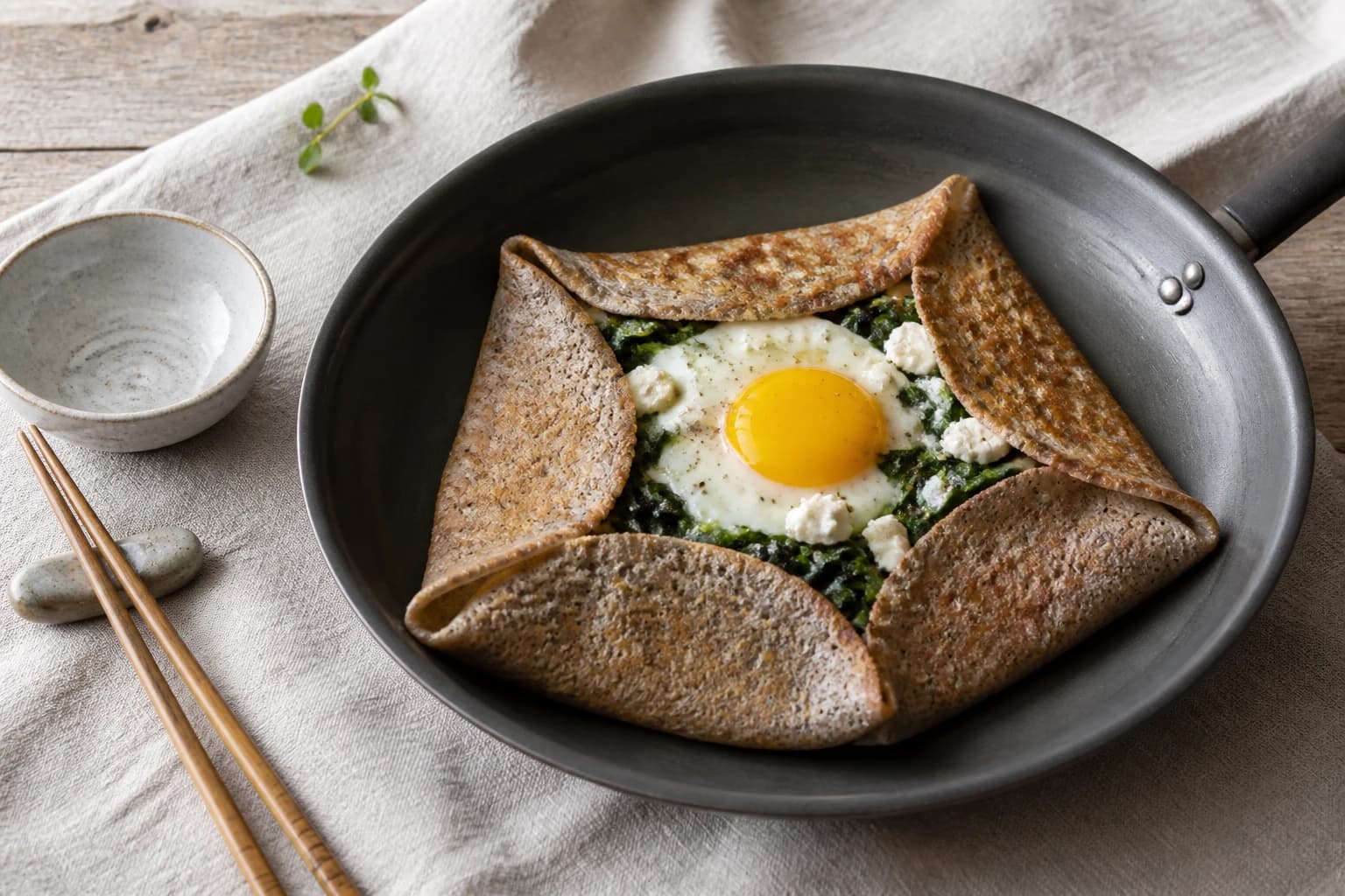 Etape 4 : Garnir et plier — Galette de sarrasin oeuf épinards chèvre