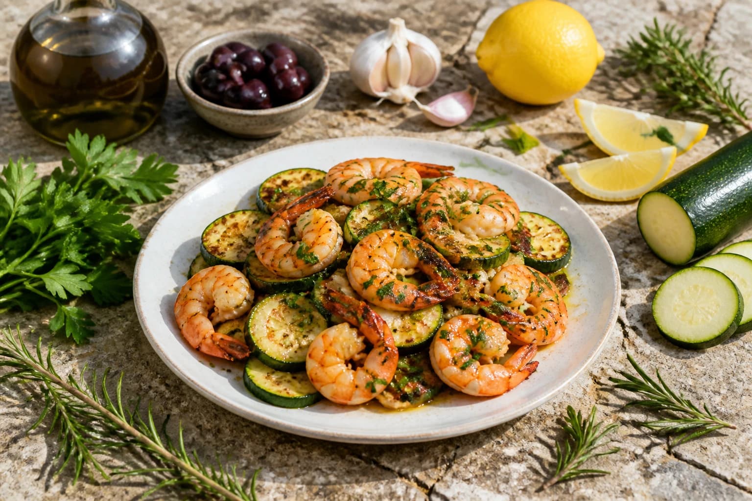 Gambas sautées à l'ail et au persil avec courgettes fondantes servies dans une assiette