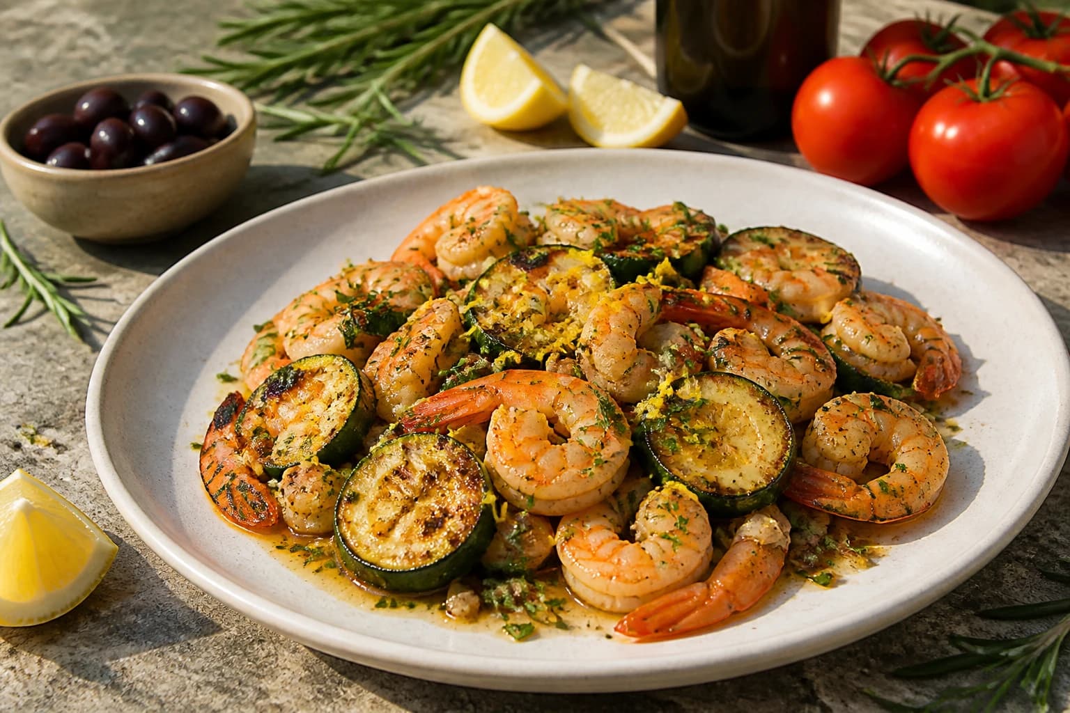 Etape 4 : Réunir et déglacer au citron — Gambas sautées ail-persil et courgettes