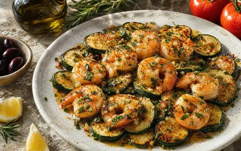 Gambas dorées à l'ail et au persil avec des rondelles de courgettes fondantes dans une assiette claire