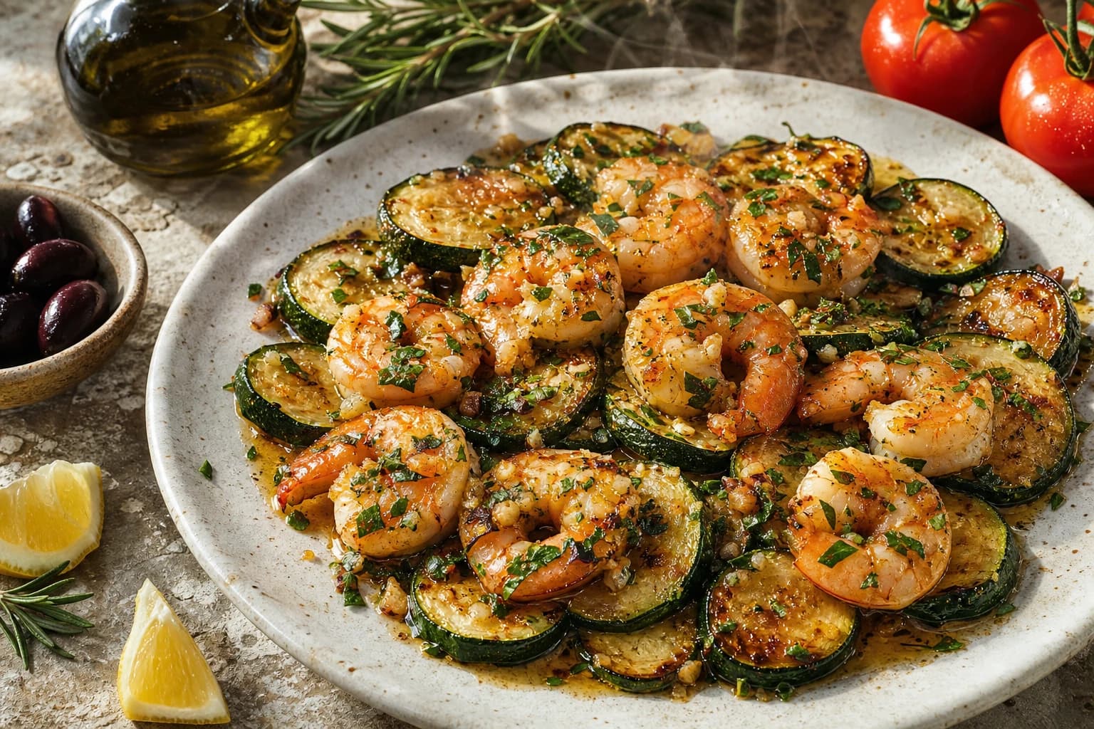 Gambas sautées ail-persil et courgettes