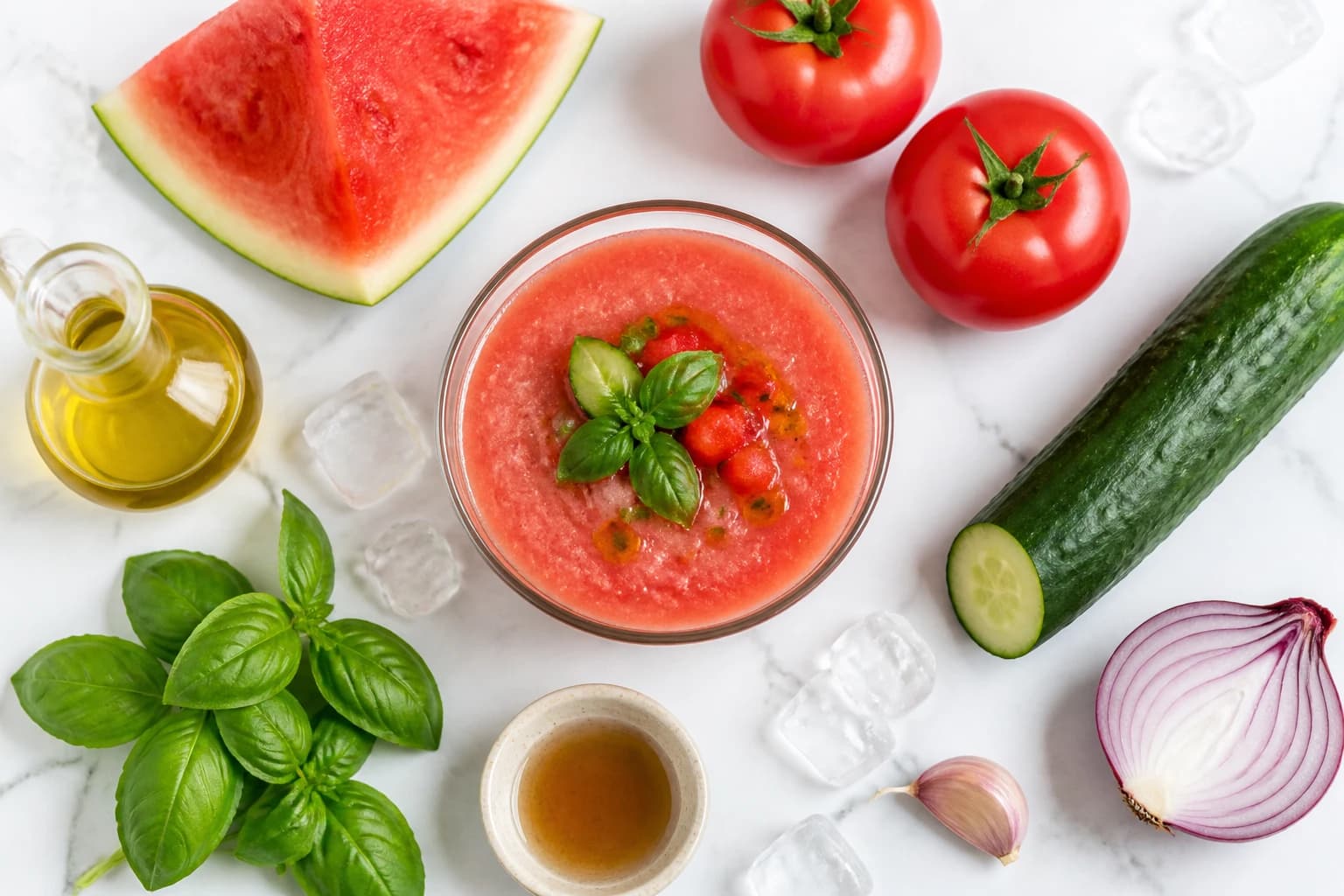 Gaspacho pastèque tomate basilic avec ingrédients frais disposés autour, vue de dessus