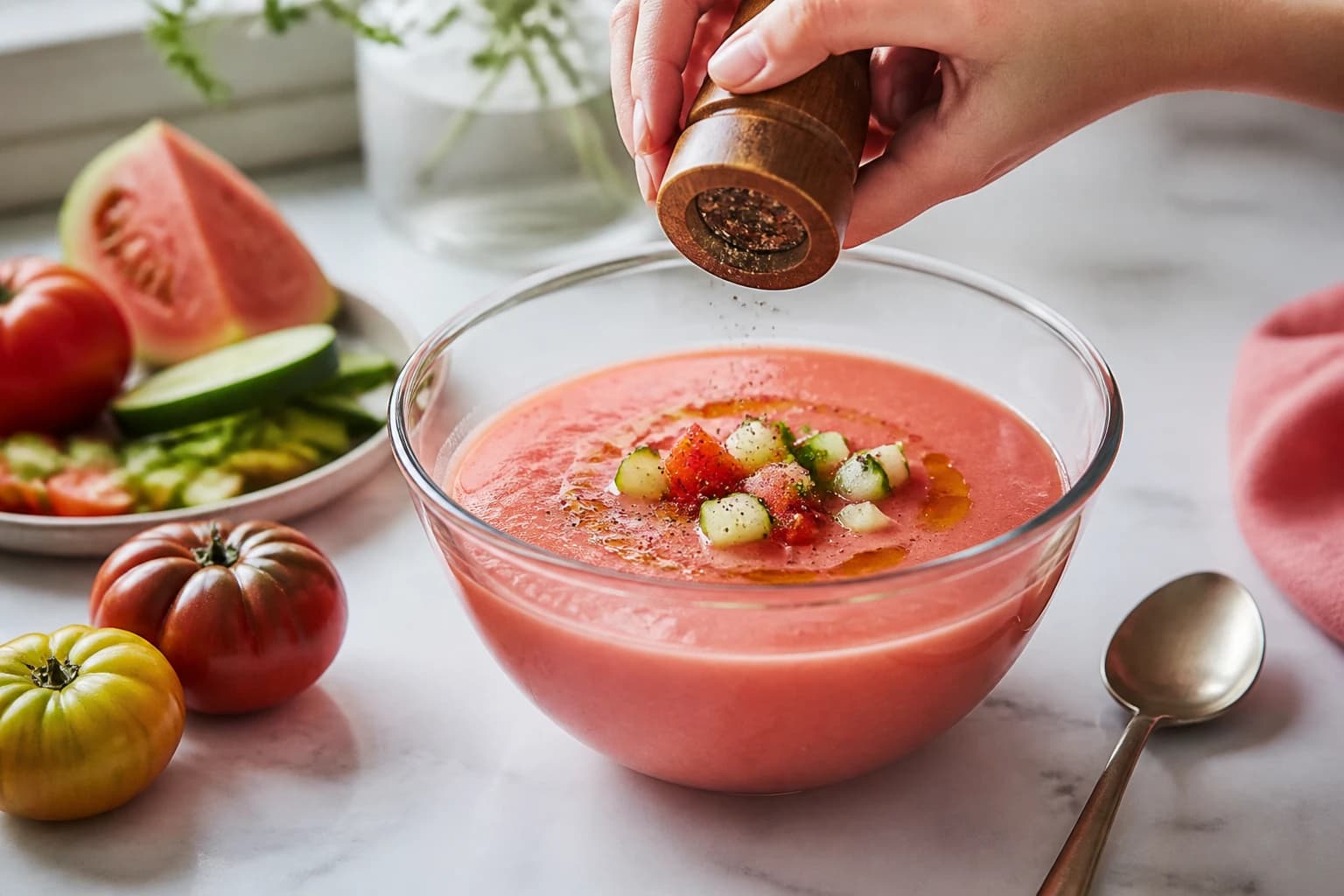 Étape 3 : Assaisonner et tamiser — Gaspacho pastèque, tomate & basilic