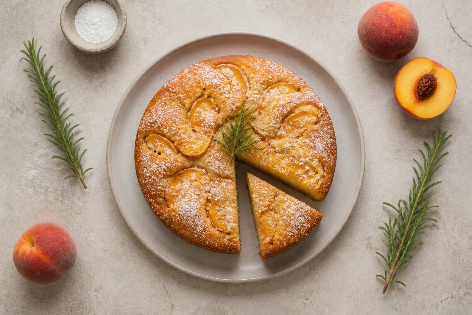 Gâteau aux pêches et romarin, vue dessus avec ingrédients autour sur fond clair