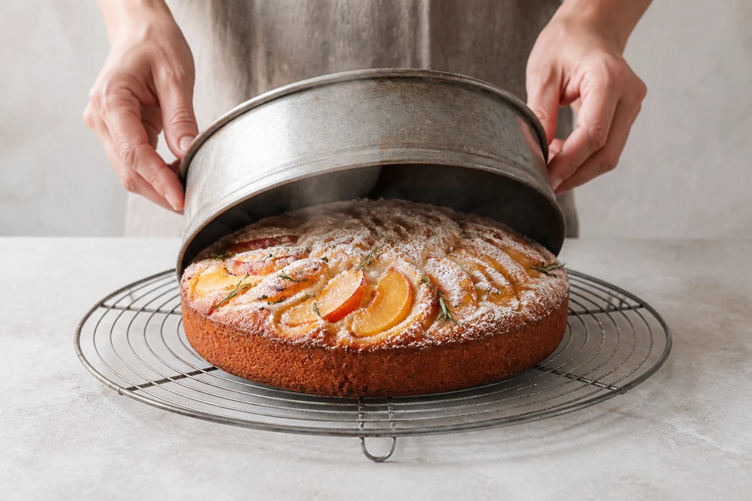 Etape 4 : Cuire et démouler — Gâteau moelleux pêches & romarin