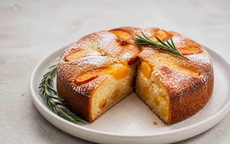 Gâteau moelleux pêches & romarin