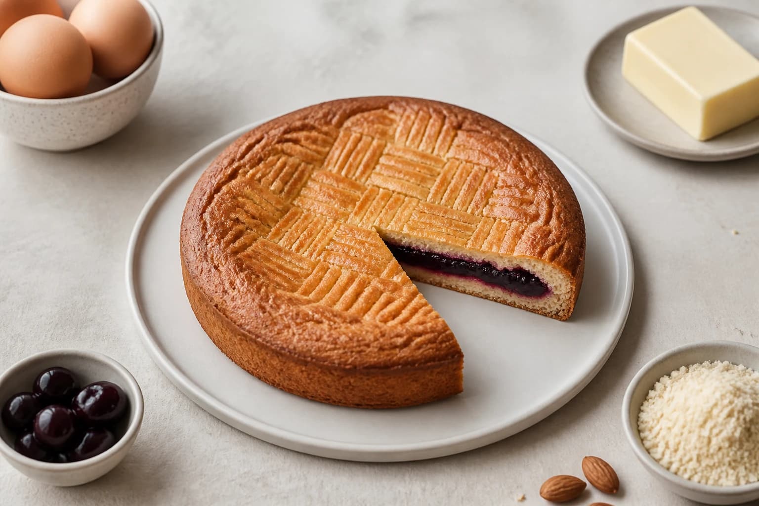 Gâteau basque à la cerise noire vue du dessus avec ingrédients autour sur plan de travail
