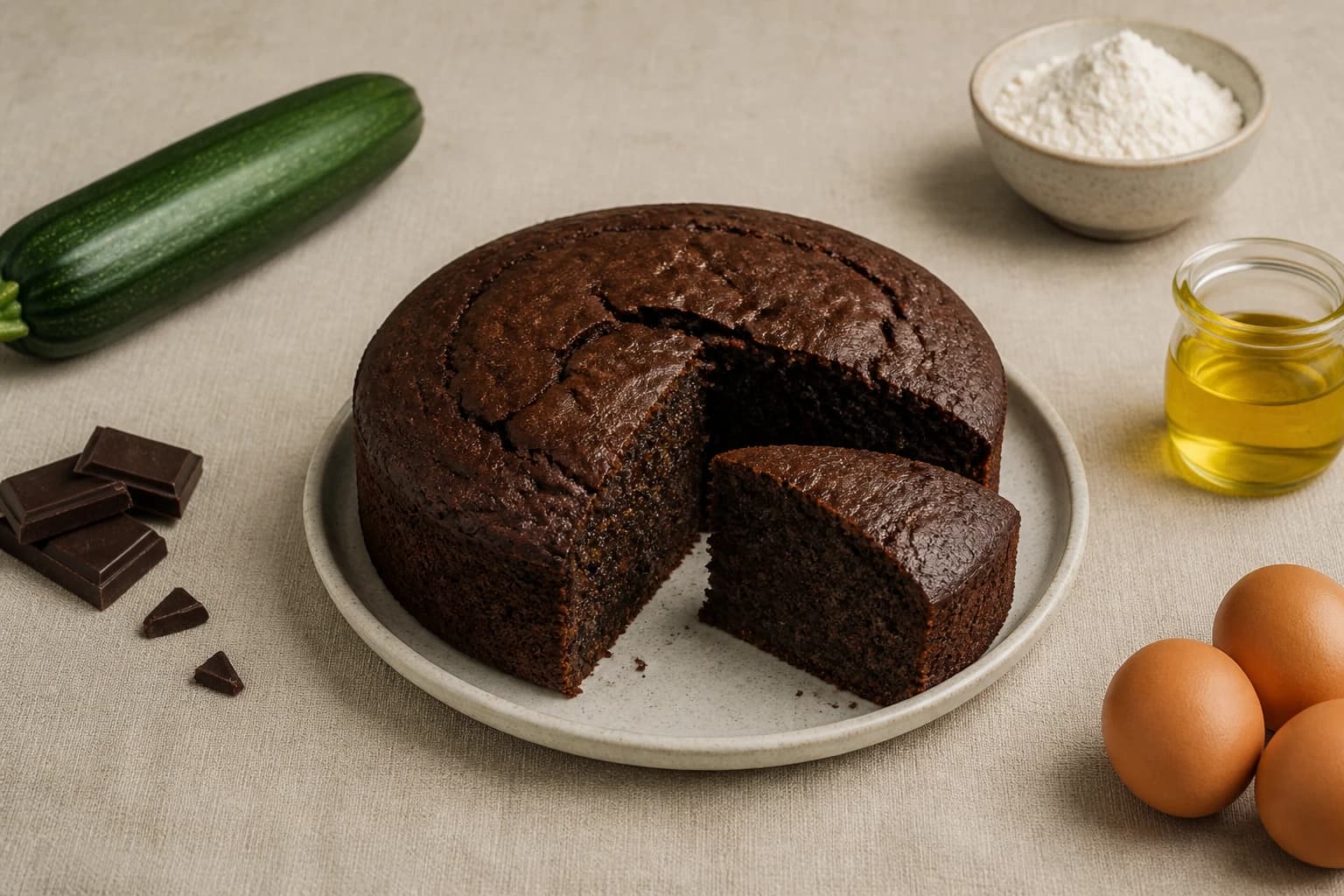 Gâteau au chocolat et courgette sans beurre — vue dessus avec ingrédients bruts autour