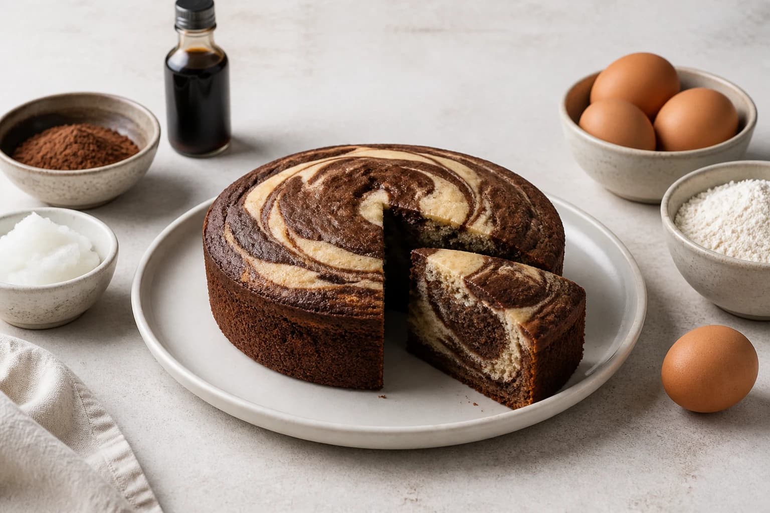 Gâteau marbré chocolat vanille healthy — ingrédients disposés sur plan de travail