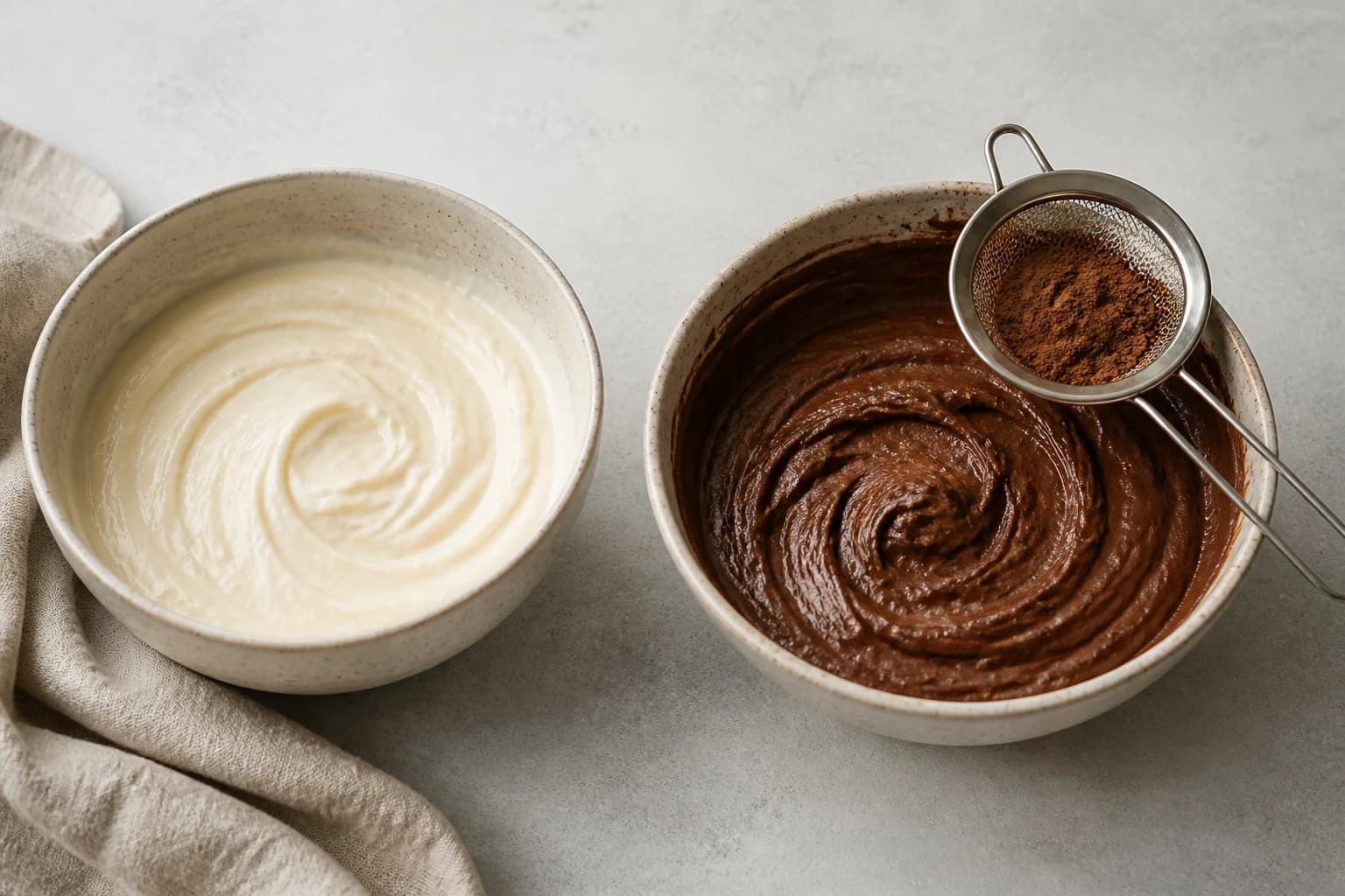 Etape 3 : Séparer et aromatiser les deux pâtes — Gâteau marbré chocolat-vanille léger